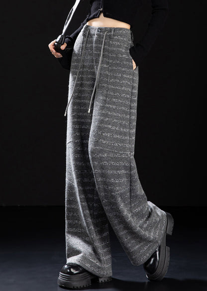 Grey Oversized Striped Woolen Straight Pants Winter