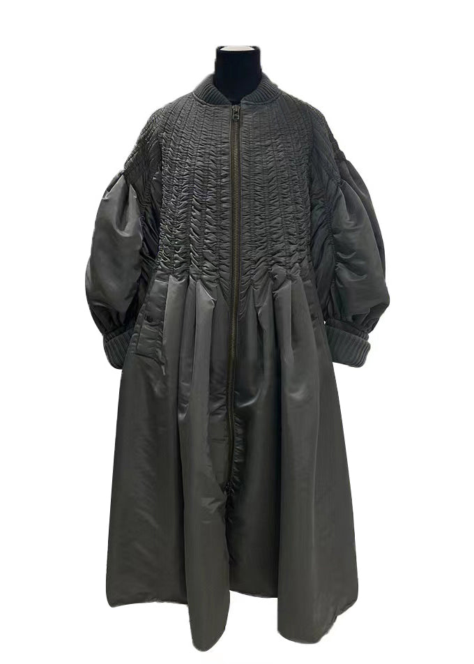 Grey Zip Up Wrinkled Pockets Patchwork Fine Cotton Filled Coat Winter