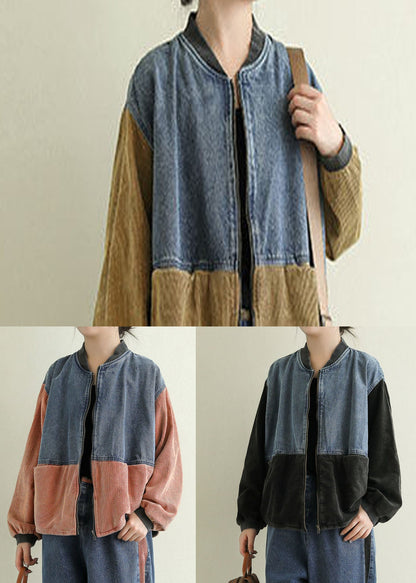 Khaki Zip Up Corduroy Patchwork Denim Coat Long Sleeve