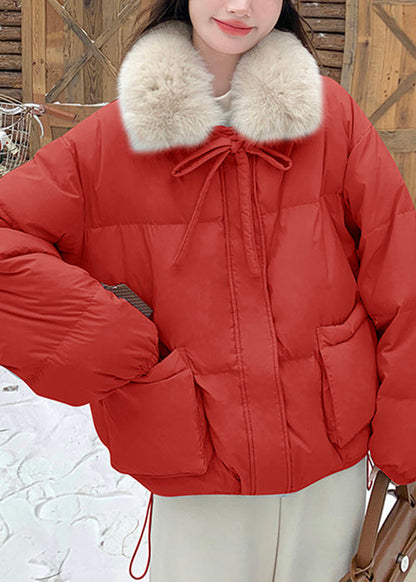 New Red Zippered Lace Up Pockets Duck Down Winter Coats
