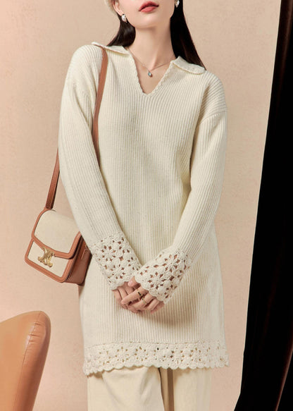 Beige Peter Pan Collar Hollow Out Knit Mid Dress Spring
