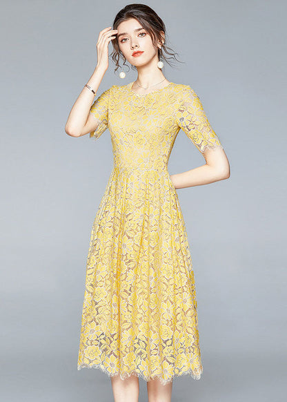 French Yellow Zip Up Slim Fit Lace Party Dress Short Sleeve Summer