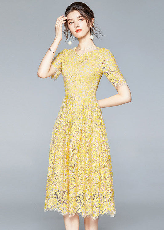 French Yellow Zip Up Slim Fit Lace Party Dress Short Sleeve Summer