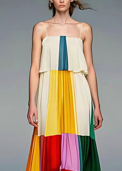 Beige Wrinkled Patchwork Silk Spaghetti Strap Dress Sleeveless