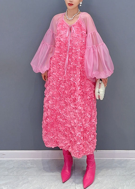 Pink O-neck Tulle Patchworkfloral Maxi Dress Long Sleeveless