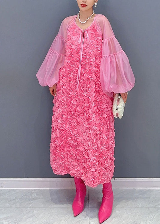 Pink O-neck Tulle Patchworkfloral Maxi Dress Long Sleeveless