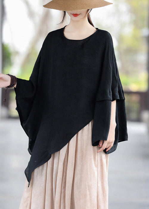 Loose Apricot O-neck Asymmetrical Cotton Tops Batwing Sleeve
