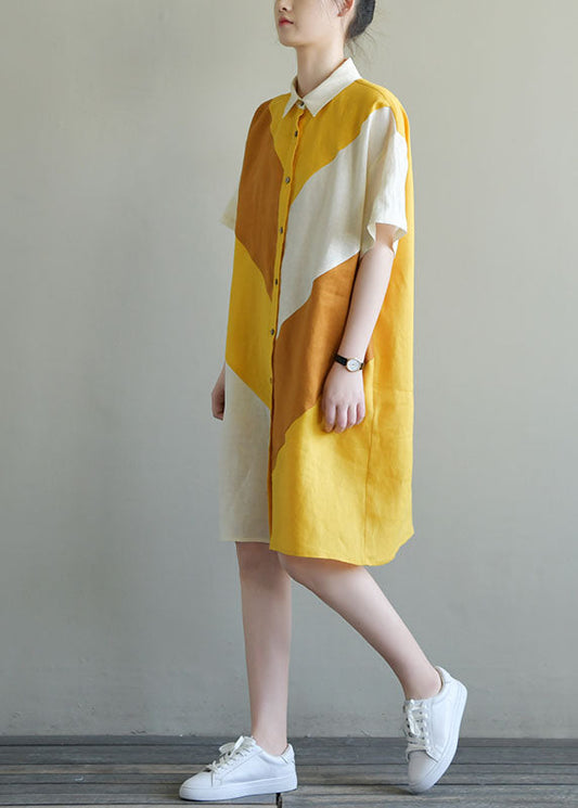Stylish Colorblock Button Peter Pan Collar Patchwork Multi Cotton a Line Dress Short Sleeve
