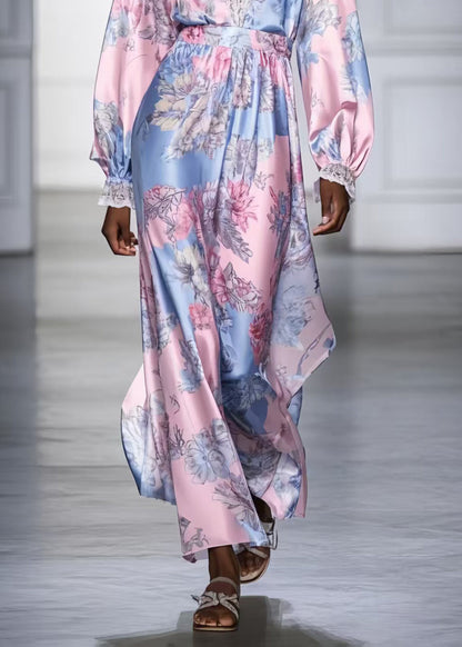 Pink V Neck Print Silk Vacation Dresses Spring