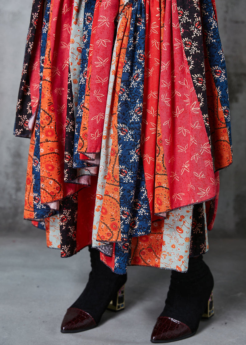 Red Asymmetrical Patchwork Cotton Skirt Spring