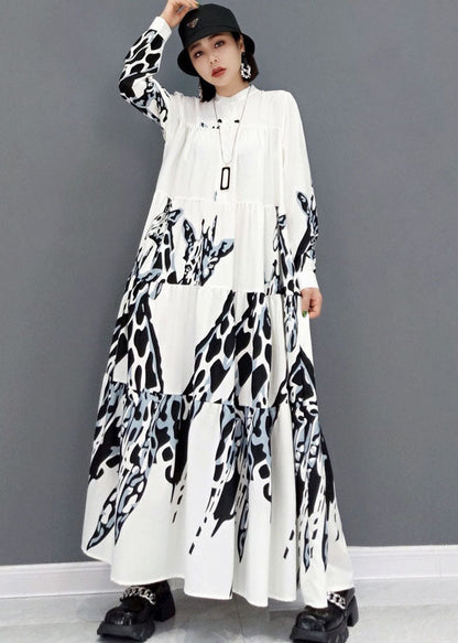 White Stand Collar Print Pleated Long Dresses Long Sleeve