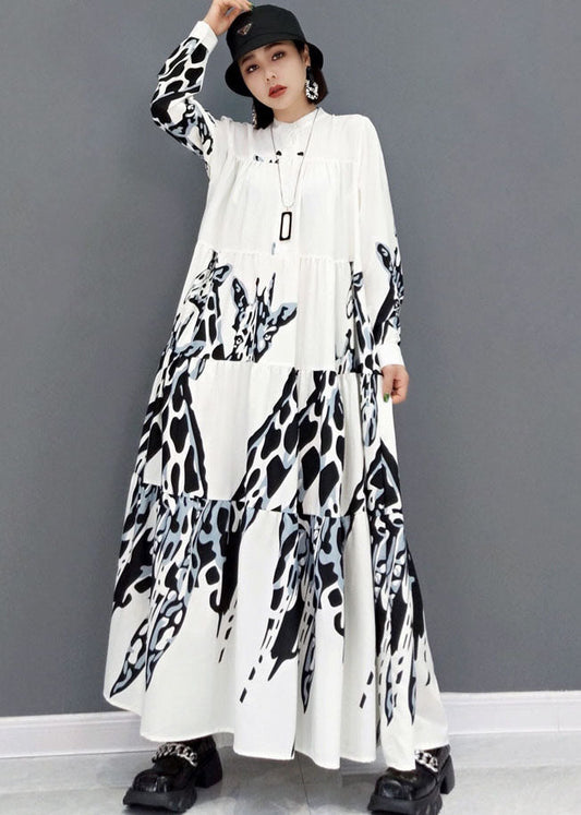 White Stand Collar Print Pleated Long Dresses Long Sleeve