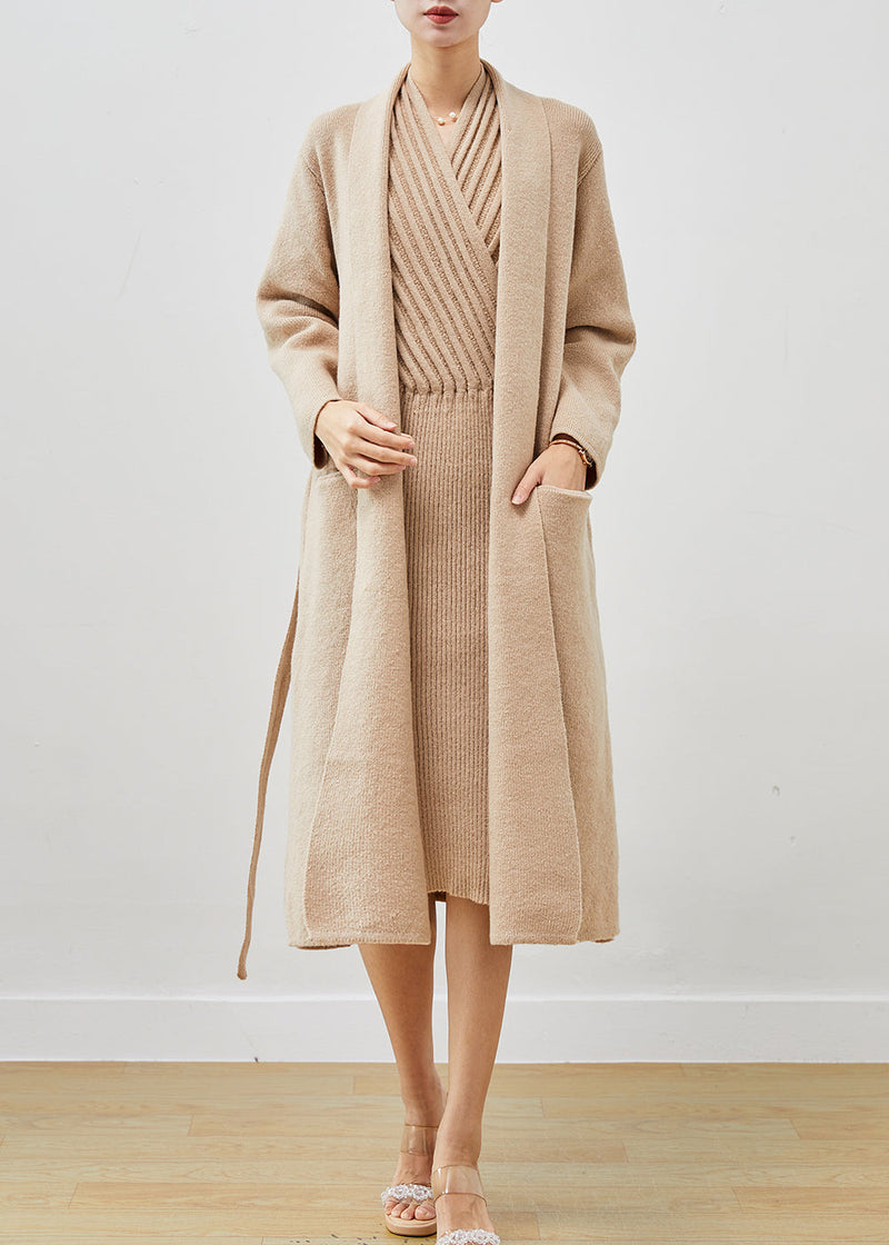 Khaki Warm Knit Sets 2 Pieces V Neck Tie Waist Winter