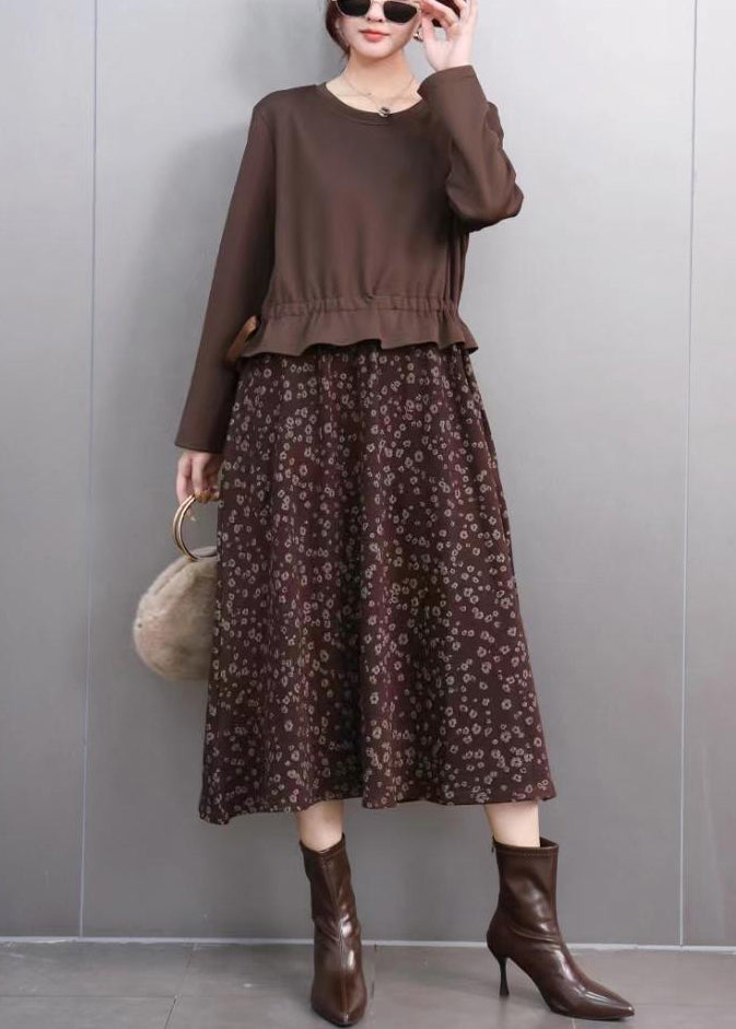 Novelty Coffee O-neck Patchwork Print Fake Two Pieces Long Dress Spring