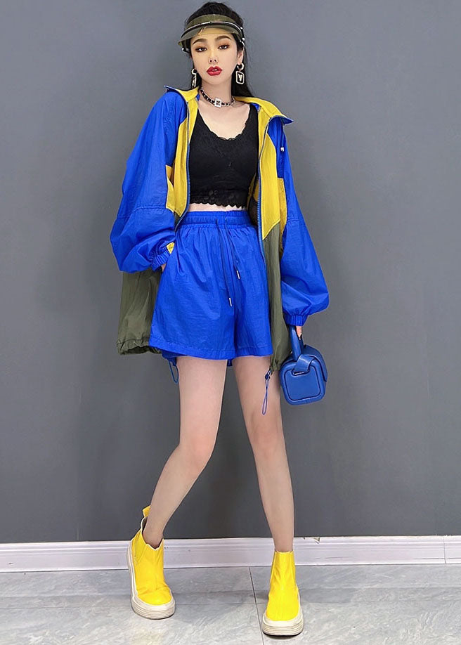 Classy Blue Yellow Hooded Zip Up Patchwork Coats and Shorts Two Pieces Set Summer