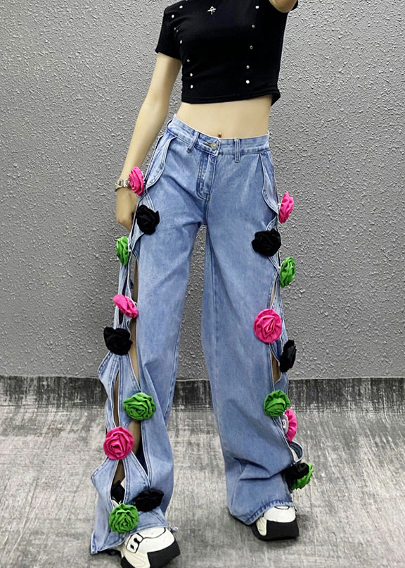 Blue Hollow Out Patchwork Denim Pants Fall