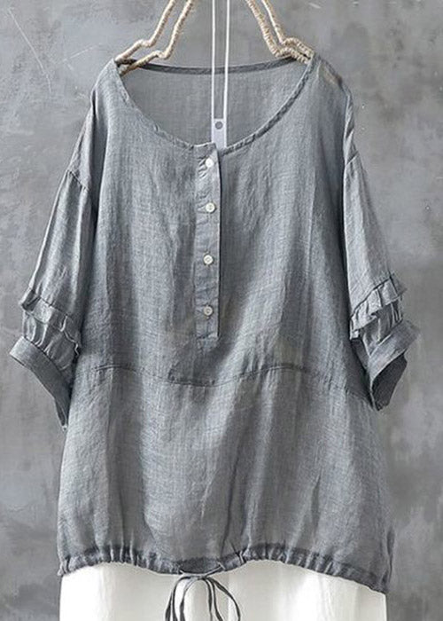 Grey O-neck Button Drawstring Patchwork Linen Shirt Tops Short Sleeve
