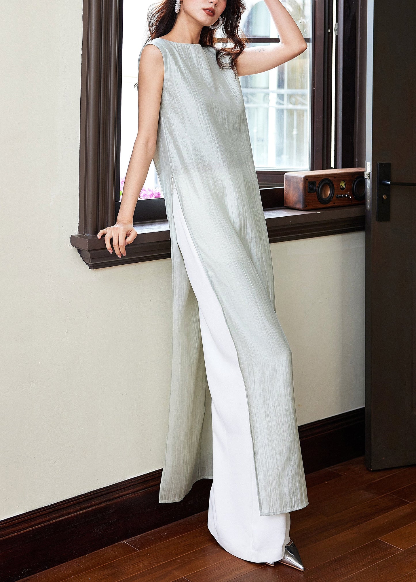 Italian Blue Side Open Tops and White Pants Cotton Two-piece Set Sleeveless