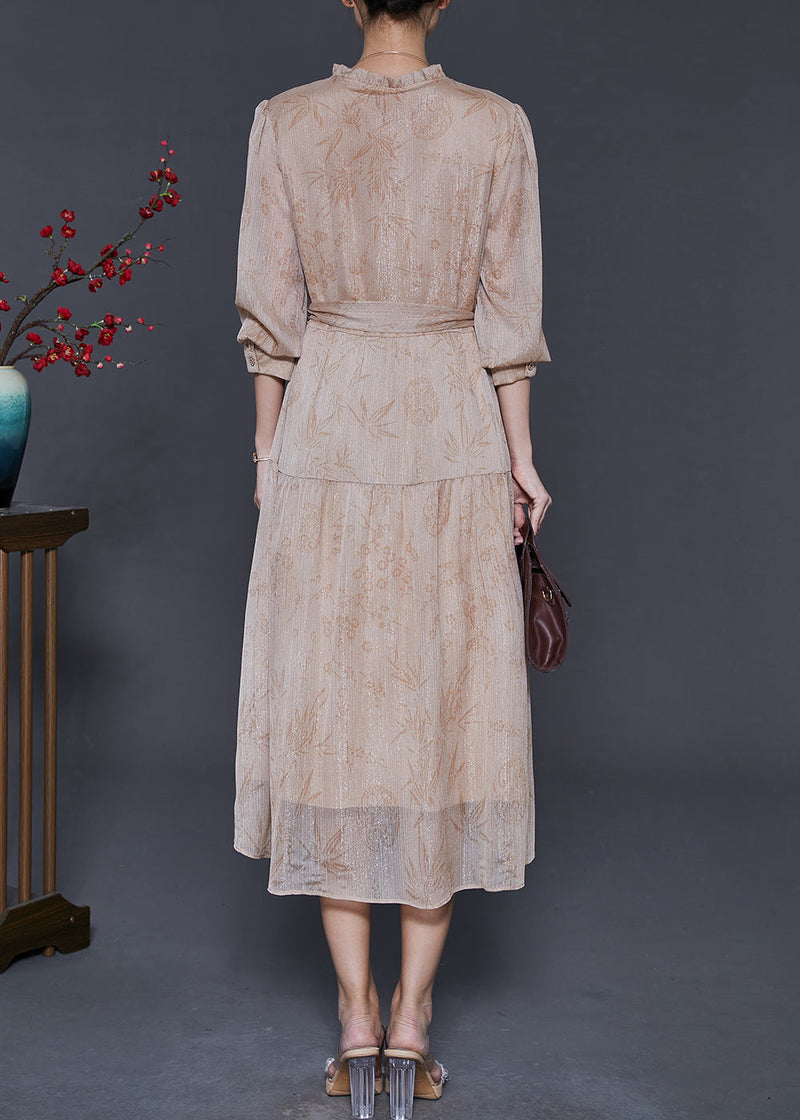 Modern Khaki Ruffled Print Chiffon Vacation Dresses Spring