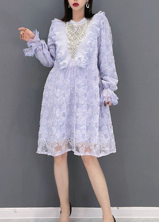 Purple O-neck Ruffled Print Tulle Party Dress Spring