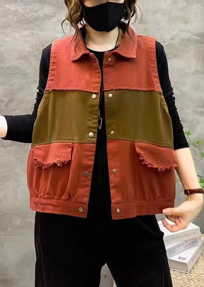 Orange Peter Pan Collar Button Patchwork Cotton Waistcoat Sleeveless