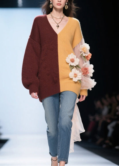 Classy Colorblock V Neck Tulle Knit Top Fall