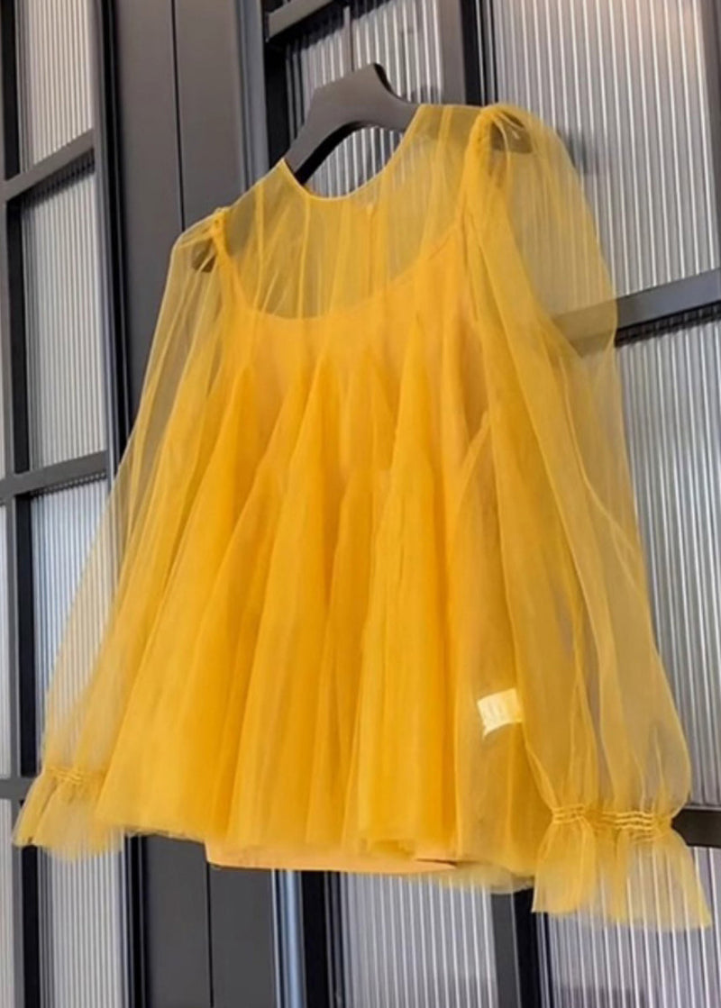 Simple Yellow O-neck Tulle Two Piece Set Fall