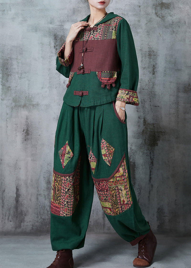 Green Chinese Button Patchwork Cotton Two Piece Set Spring