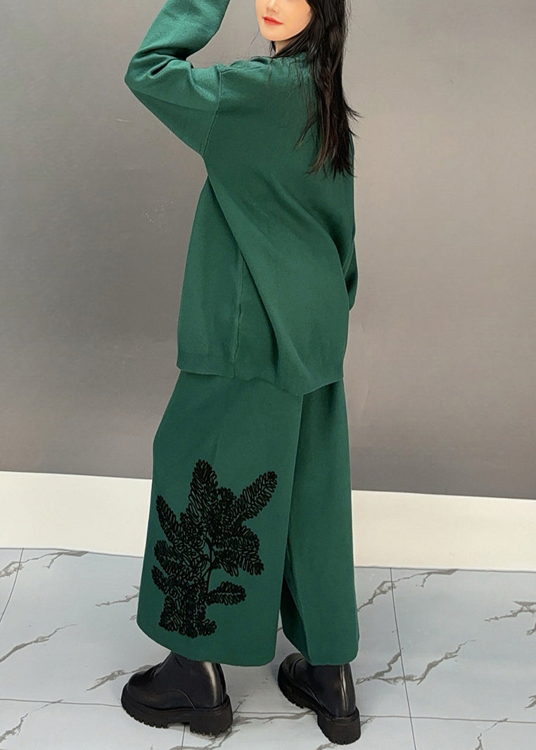 Blackish Green Sweatshirt and Wide Leg Pants Cotton Two Piece Set Embroidered Fall