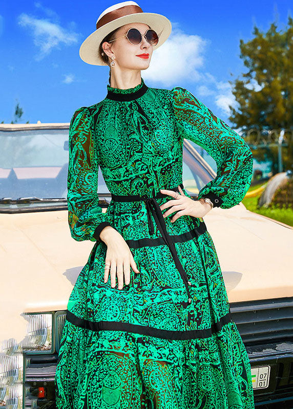 Green Stand Collar Patchwork Print Chiffon Cinch Dresses Spring