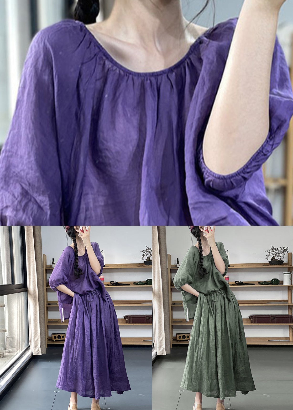 Loose Purple O-neck Tops and Skirts Cotton Two Pieces Set Summer