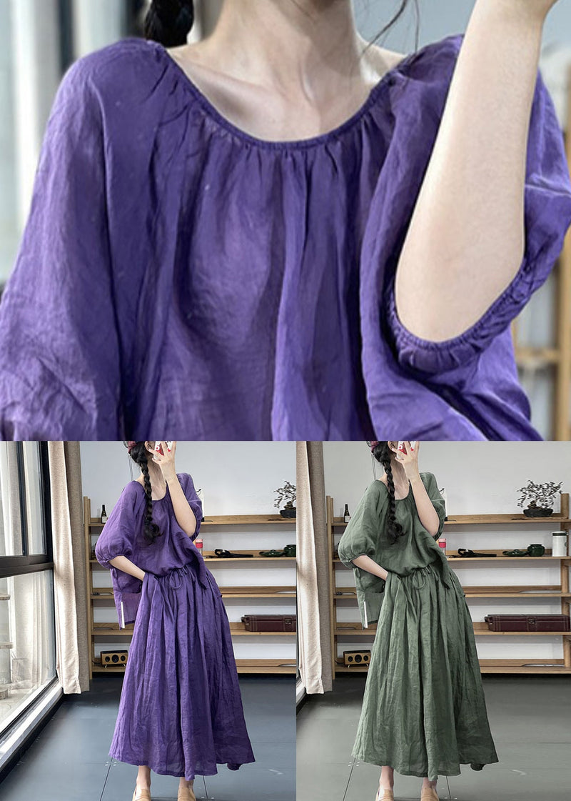 Green Wrinkled Pockets Cotton Two Pieces Set Half Sleeve