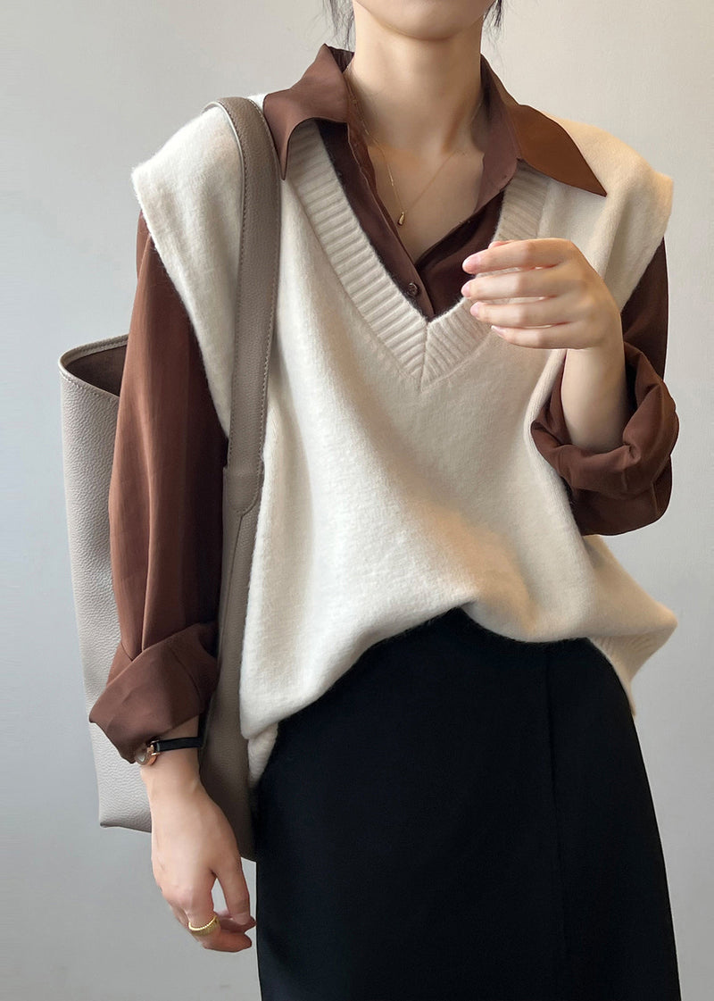 Simple Versatile Khaki V Neck Knit Vest Sleeveless