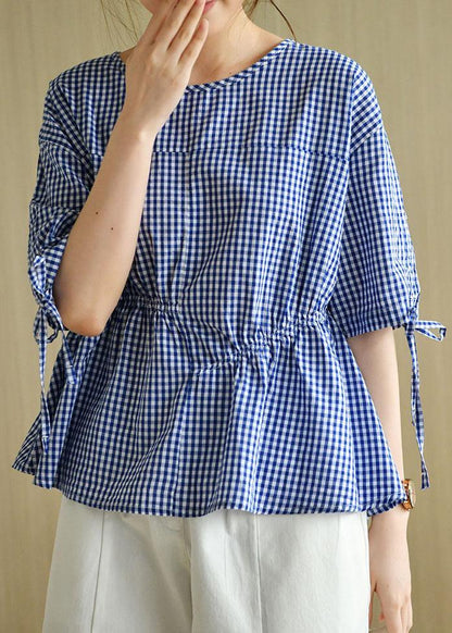 French Blue Plaid Patchwork Drawstring Summer Cotton Half Sleeve Blouse Top