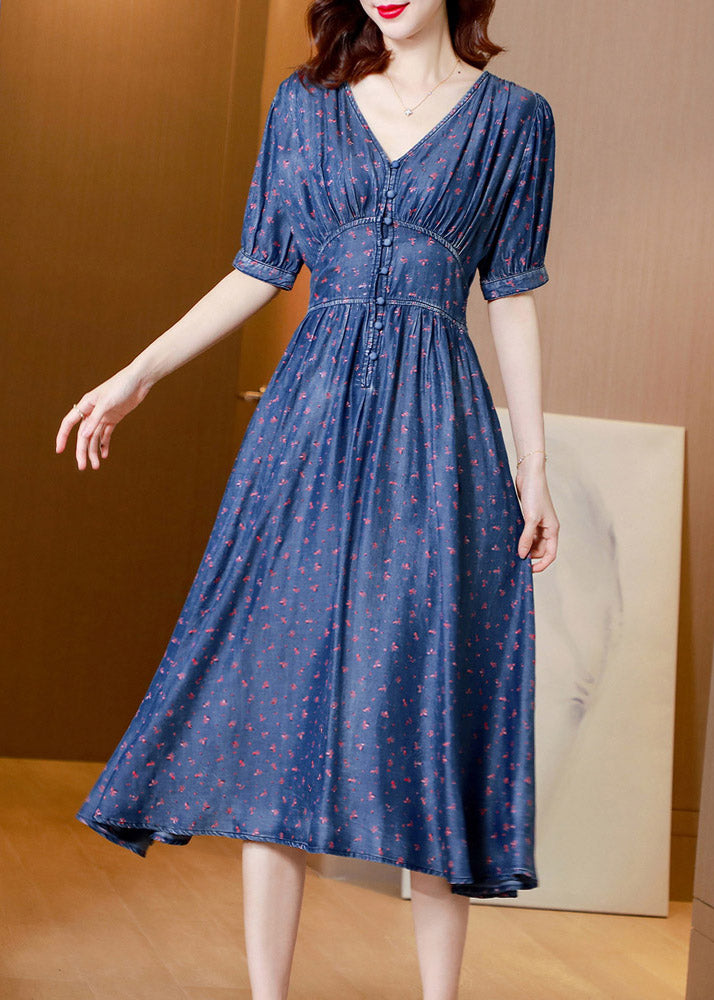 V Neck Print Tunic Silk Denim Long Dress Short Sleeve Summer