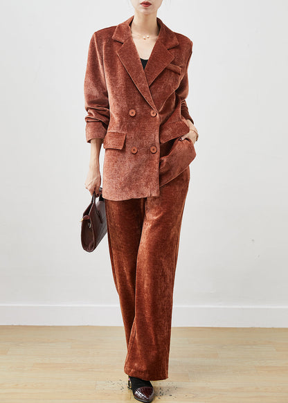 Organic Brick Red Lapel Collar Double Breast Corduroy Two Pieces Set Spring