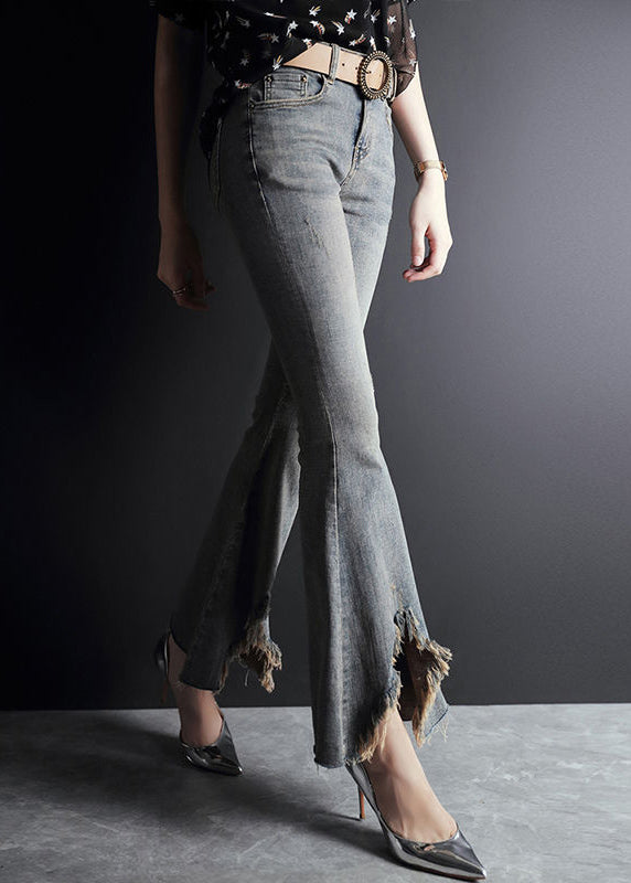 Light Blue Asymmetrical Pockets Cotton Denim Flare Pants Summer