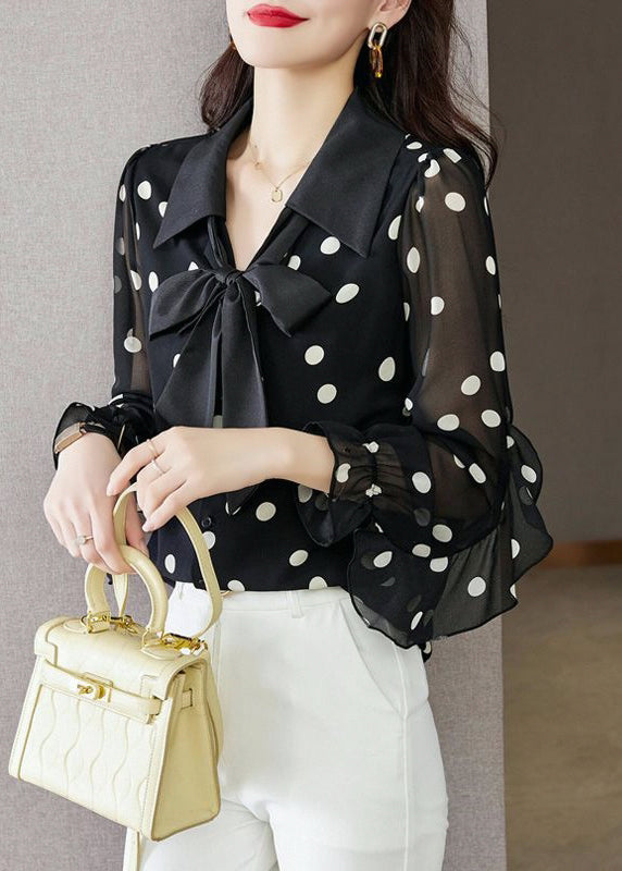 Black Ruffled Dot Print Chiffon Shirts Spring