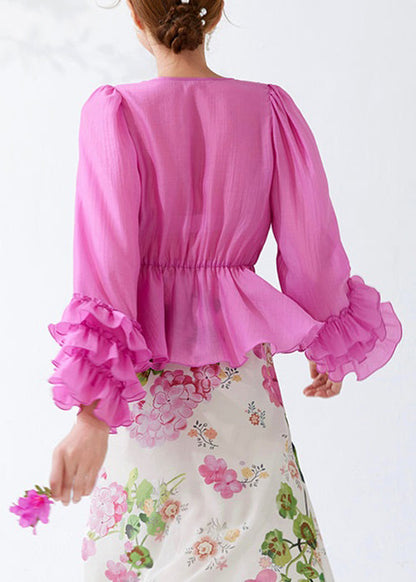 Pink Ruffled Lace Up Cotton Shirt Long Sleeve