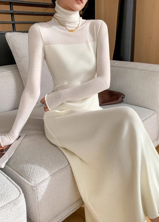 Slim Fit White Turtleneck Knit Long Dress Winter