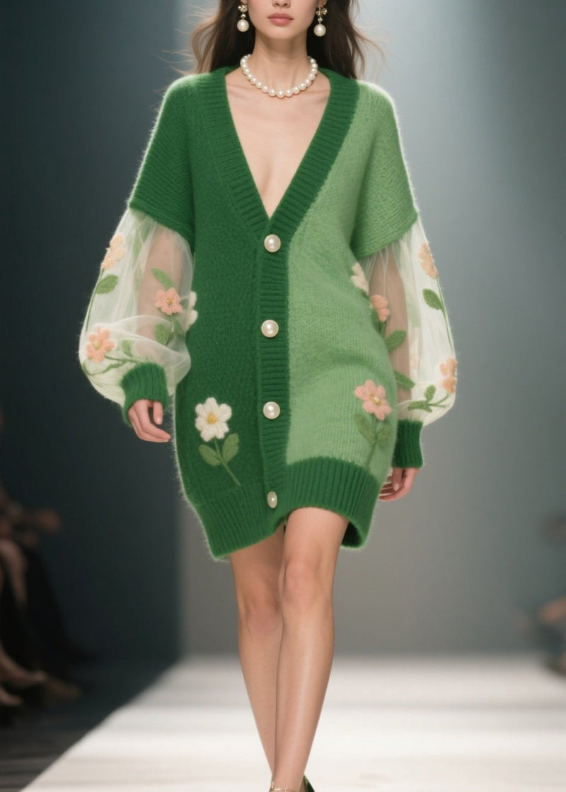 Green V Neck Patchwork Knit Cardigan Fall