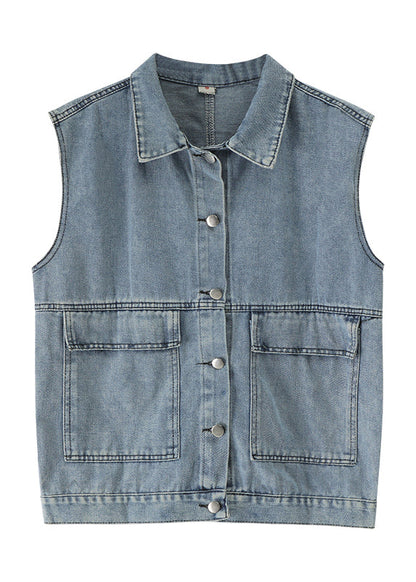 Diy Denim Blue Peter Pan Collar Pockets Patchwork Waistcoat Sleeveless