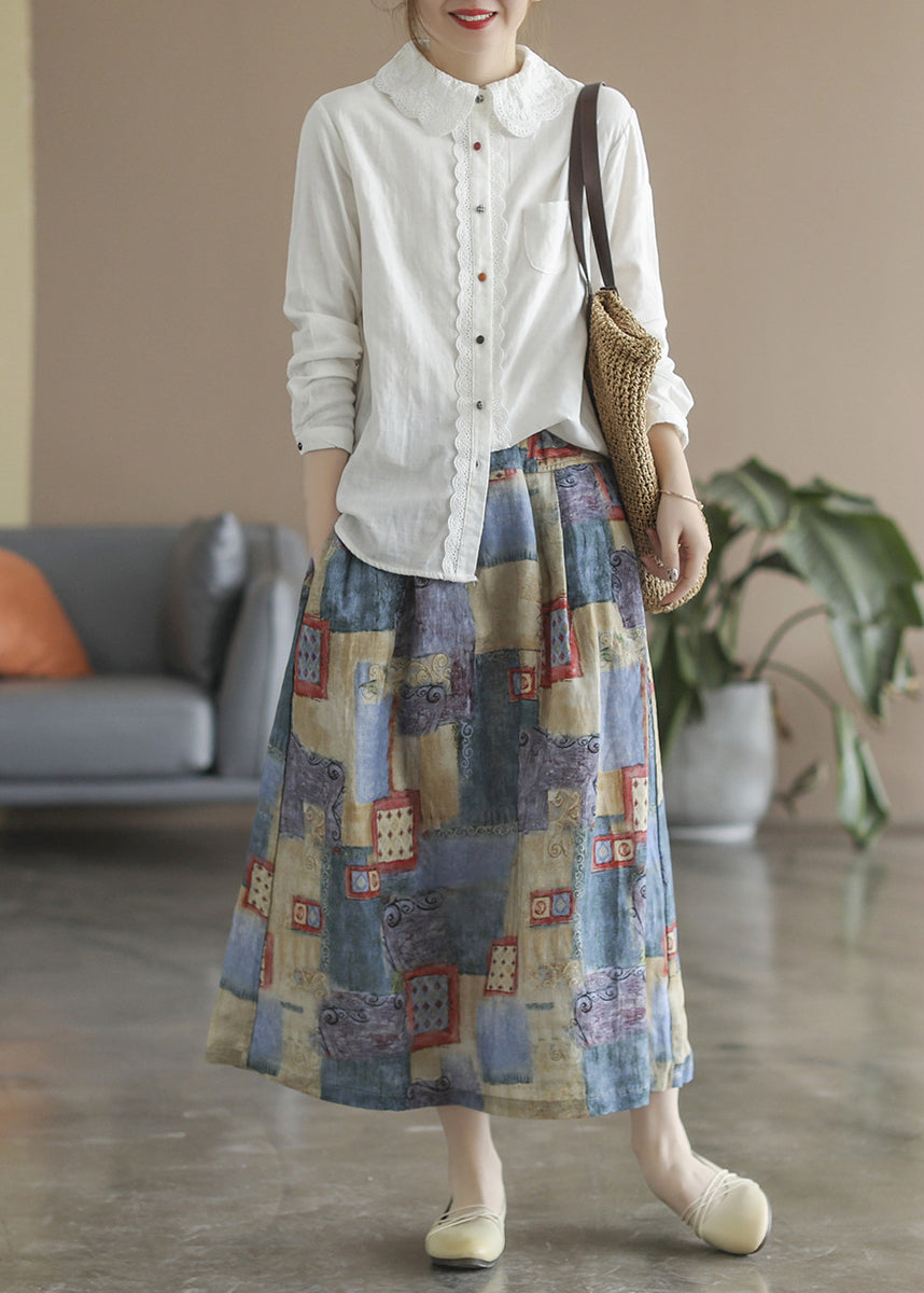 Blue Pockets Print Linen a Line Skirts Spring
