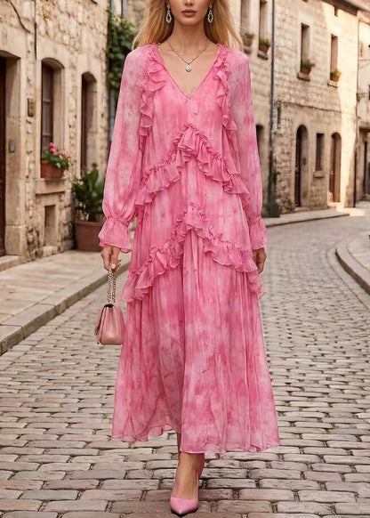Stylish Pink V Neck Ruffled Patchwork Chiffon Dress Spring