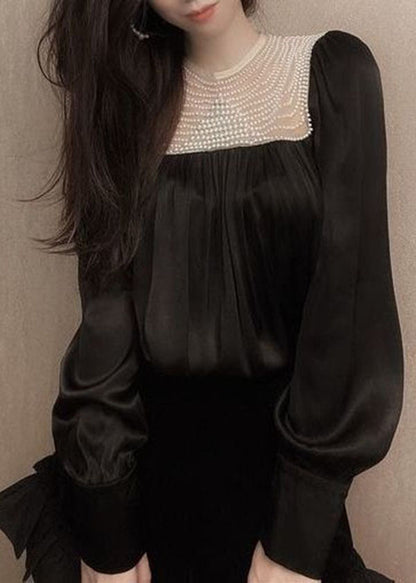 Handmade White O-neck Wrinkled Nail Bead Patchwork Shirt Tops Long Sleeve