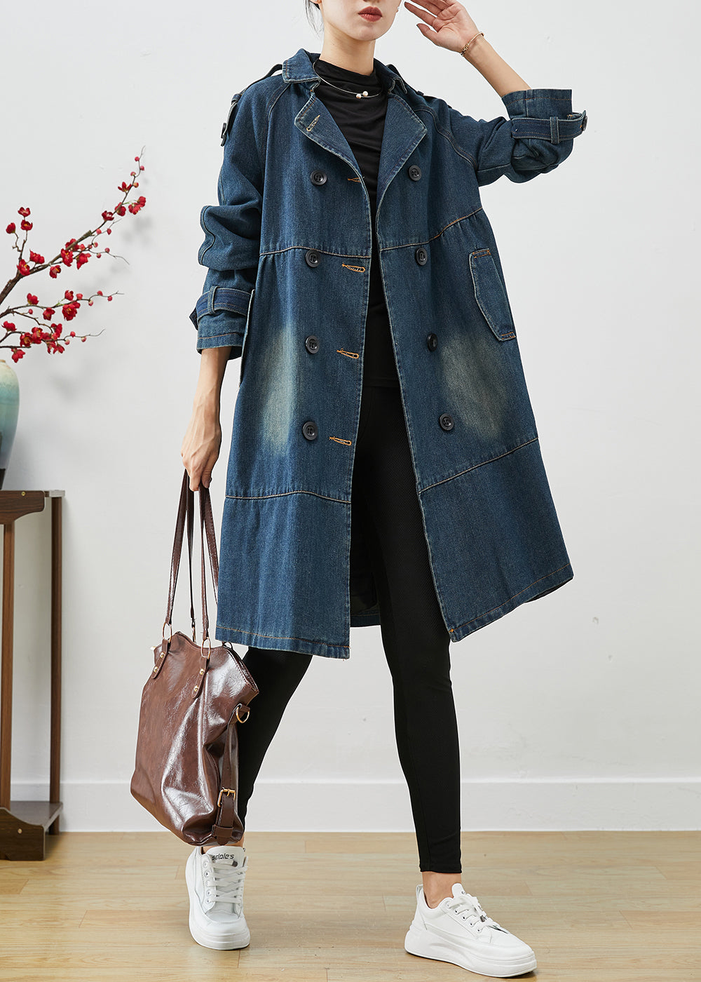 Blue Oversized Double Breast Denim Trench Coats Spring
