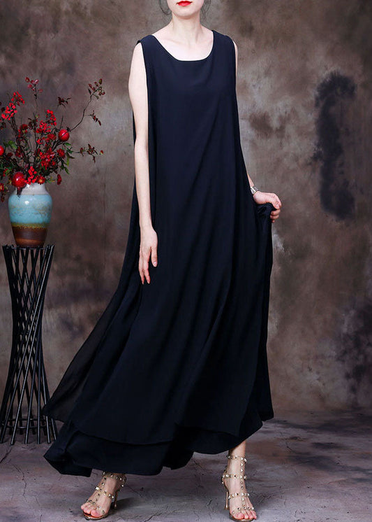 Black Asymmetrical Design Chiffon Long Dresses Sleeveless