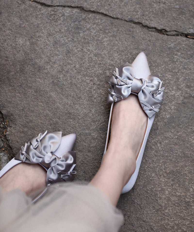 Silver Grey Bow Splicing Flat Feet Shoes Pointed Toe