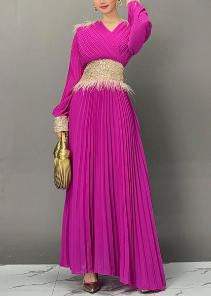 Purple V Neck Long Dresses Lantern Sleeve