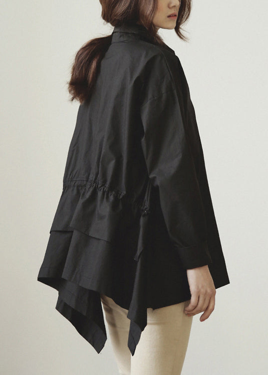 Black Peter Pan Collar Drawstring Cotton Blouse Tops Fall